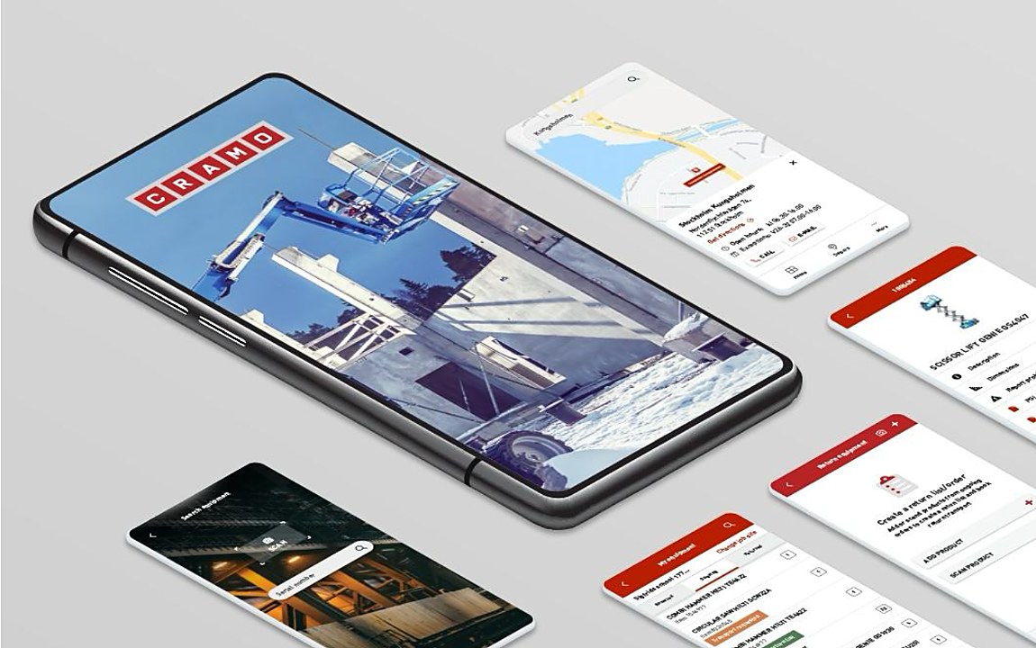 Cramo app shown across phone mockups — equipment photo, map and location search, equipment list screens