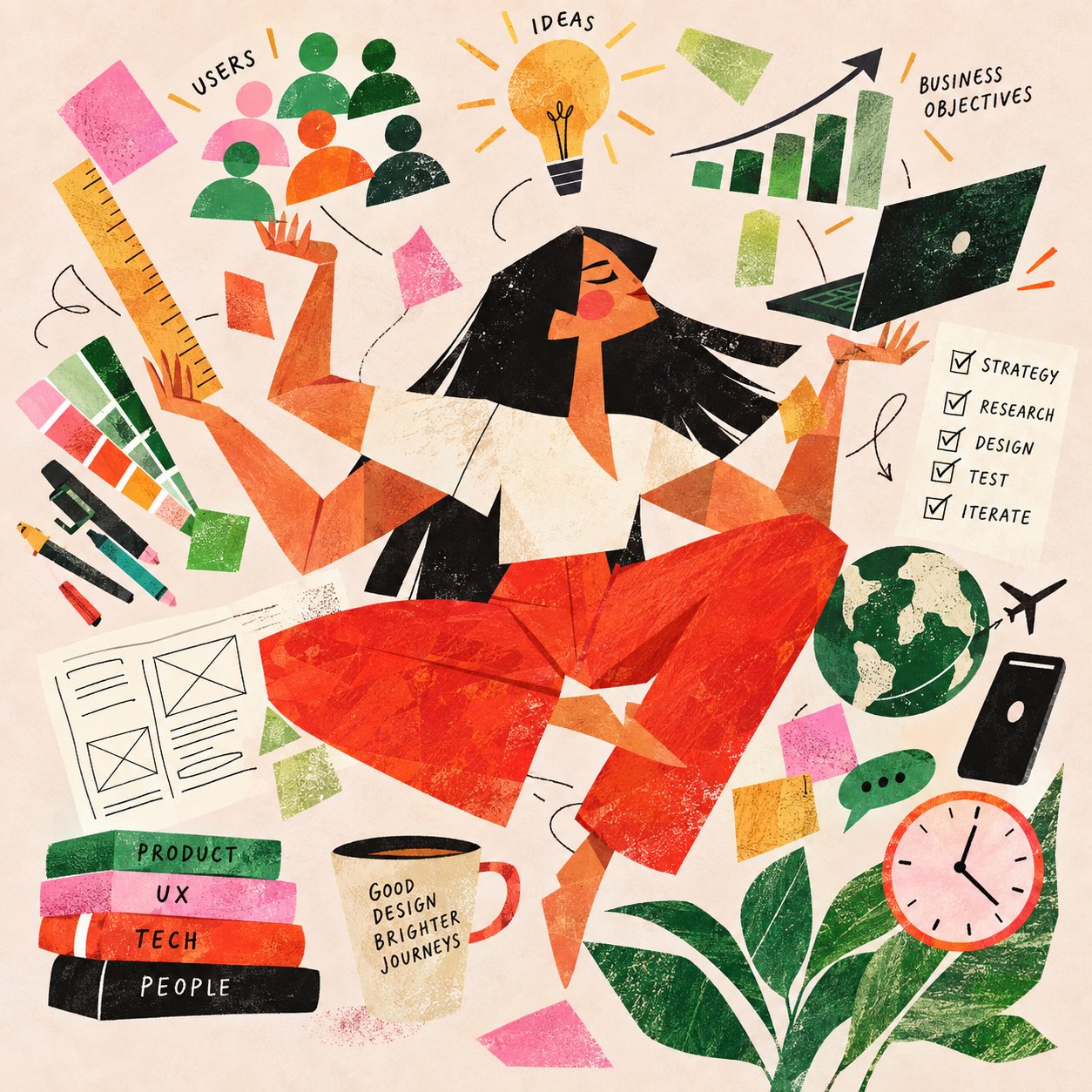 Illustration of a designer walking a tightrope between the needs of the user and the goals of the business