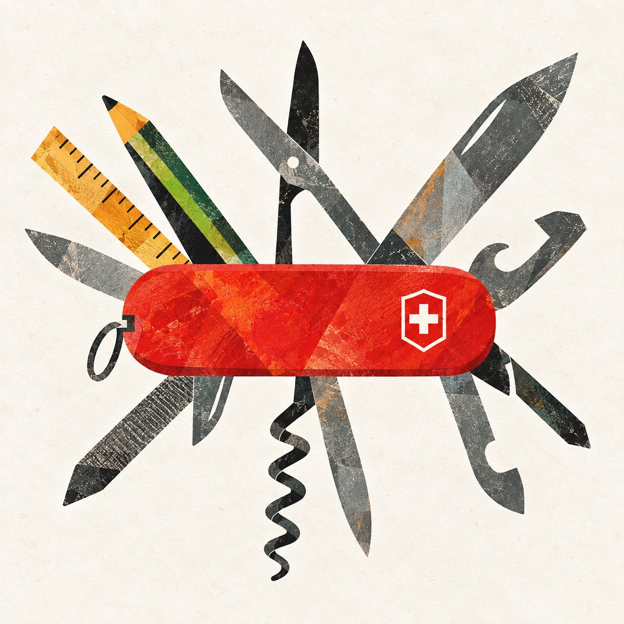 Illustration of a designer surrounded by users, ideas and business objectives, balancing all three at once