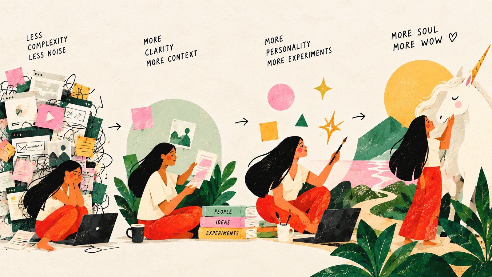 Four-panel illustration showing a design process moving from complexity and noise to clarity, personality and soul