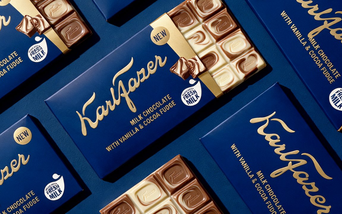 Karl Fazer chocolate bars arranged in a repeating diagonal pattern on a blue background