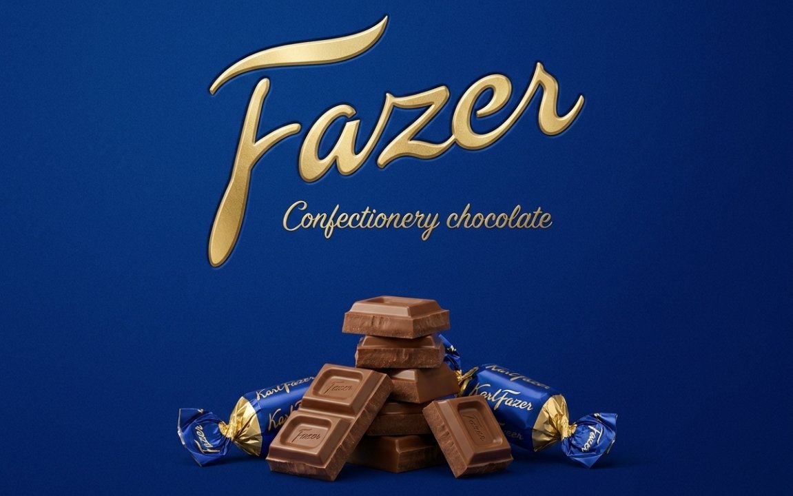Karl Fazer gold wordmark logo on a deep blue background with chocolate pieces