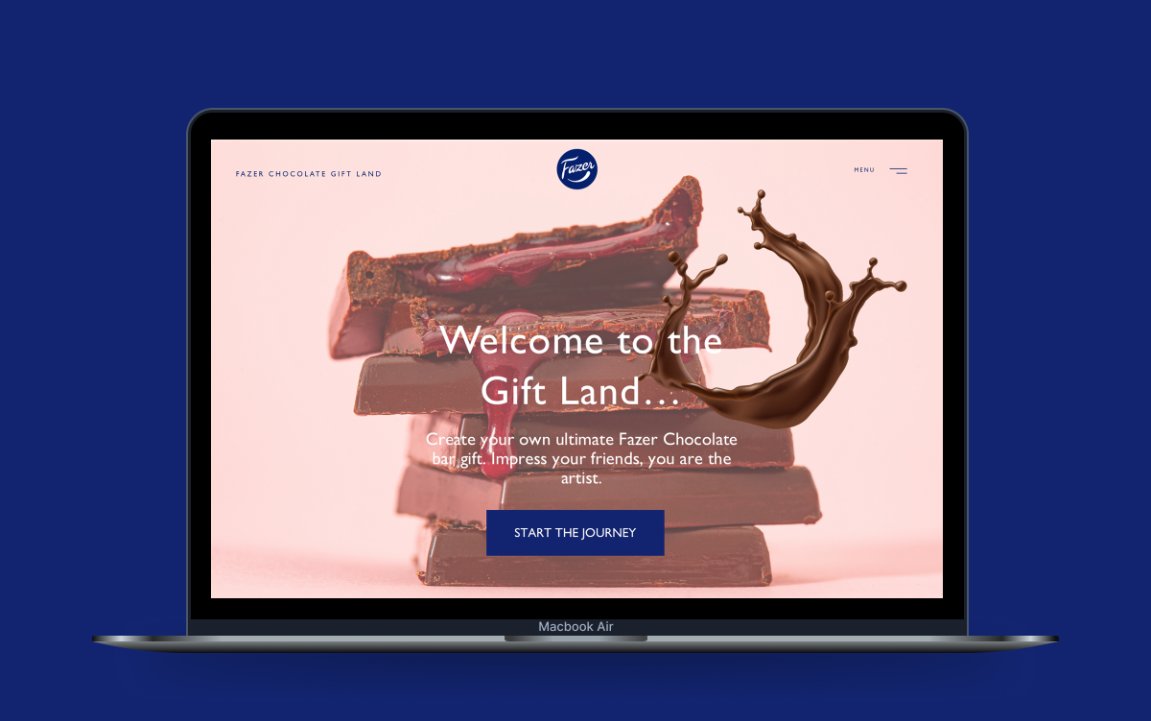 Fazer Chocolate Gift Land landing screen on a laptop, with a splash of chocolate over a stack of chocolate bars