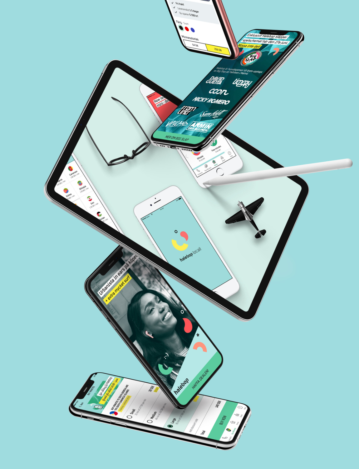 Halebop campaign and app screens styled across mobile and tablet