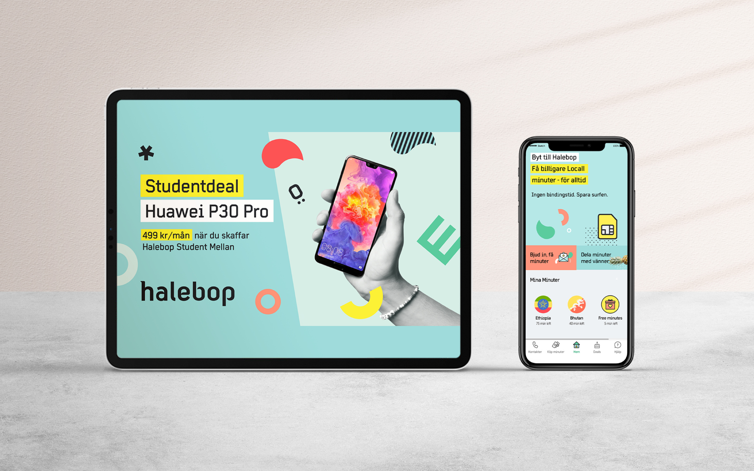 Halebop brand campaign screens on mobile and tablet, teal background