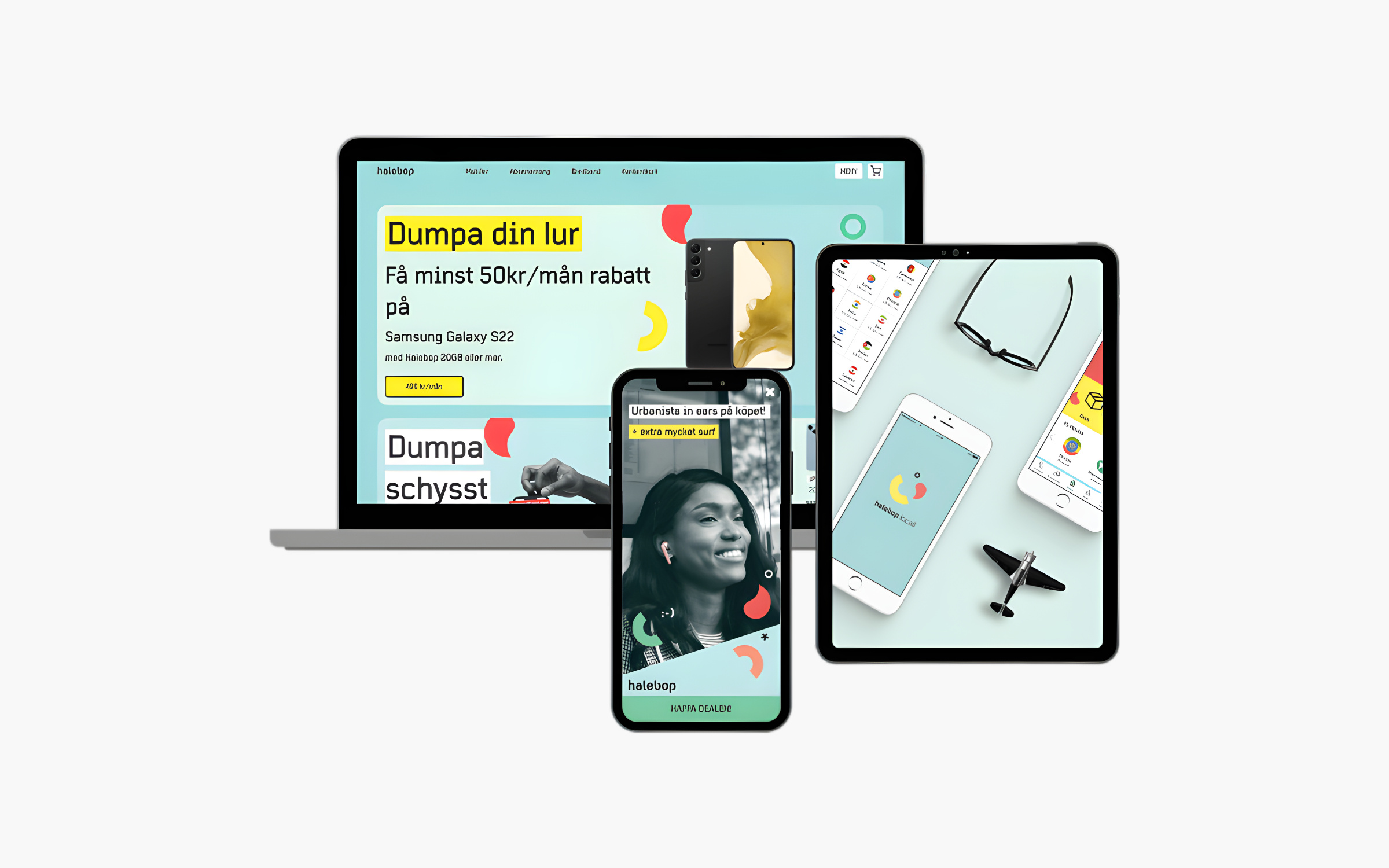 Halebop campaign screens across phone and tablet, teal background