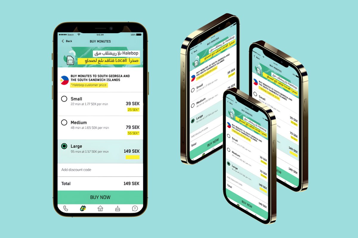 Locall buy-minutes screens in Arabic and Swedish, shown on three angled phones