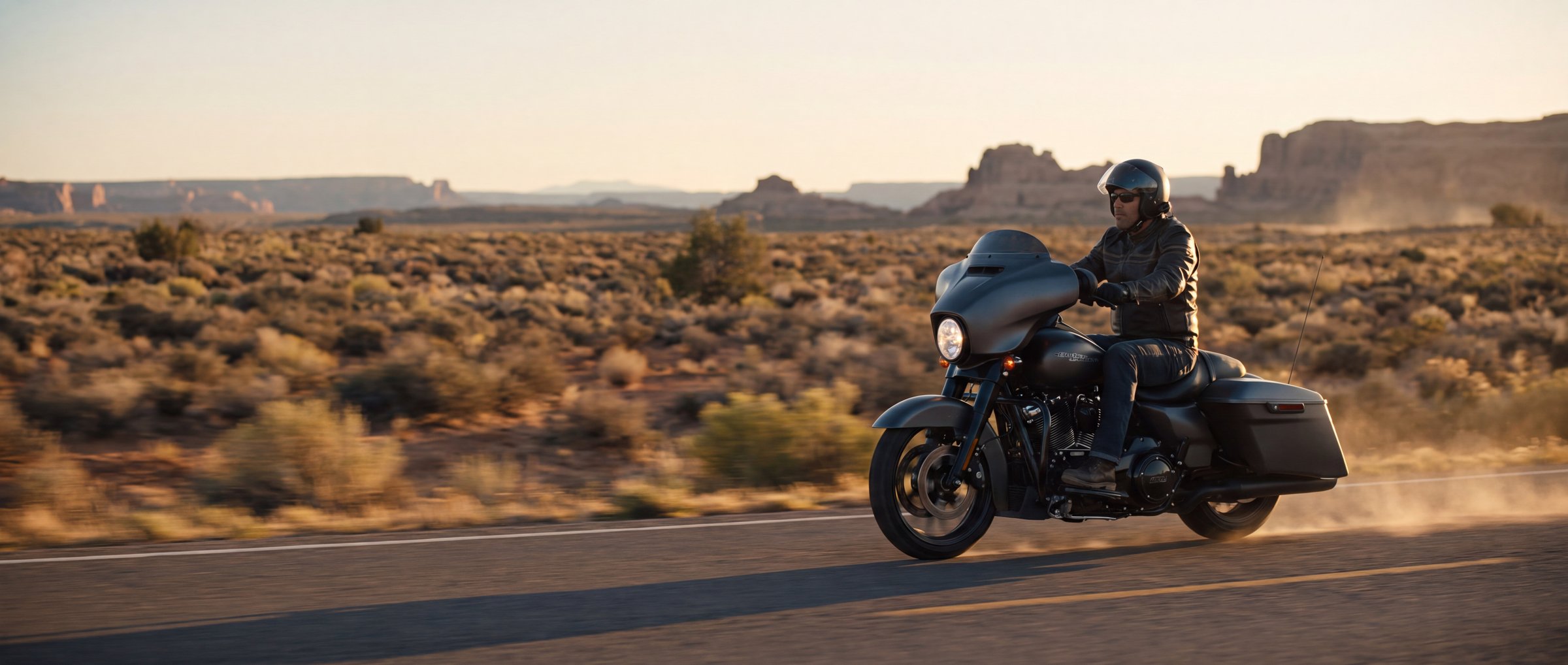 A lone touring motorcycle crossing an empty desert highway at golden hour