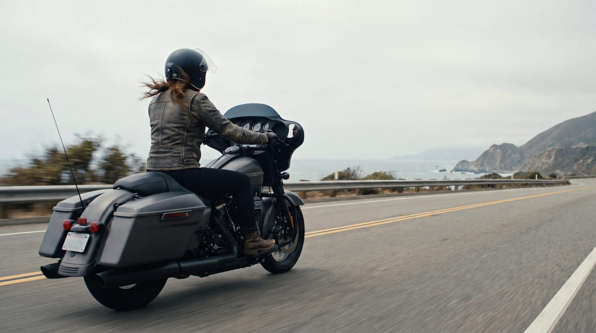 A rider seen from behind riding a large touring motorcycle along an open coastal highway