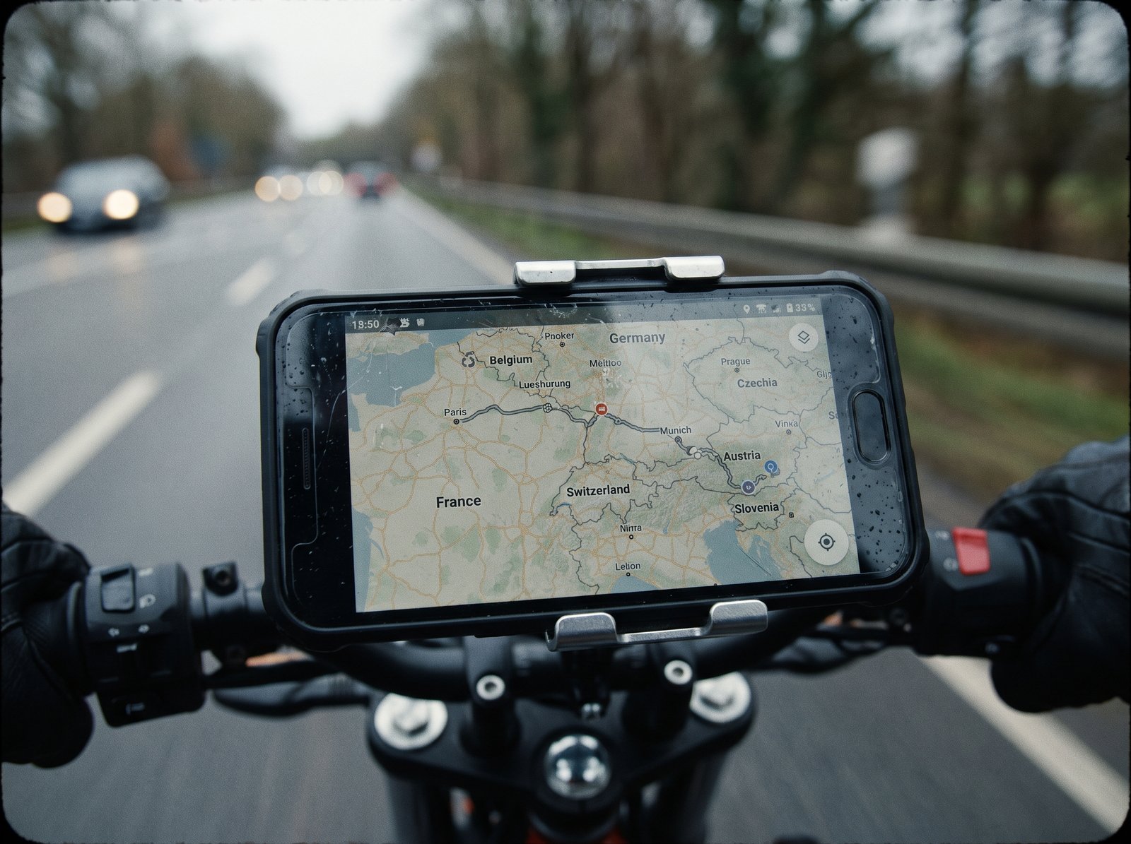 A smartphone mounted on a motorcycle handlebar showing a live GPS route-tracking map