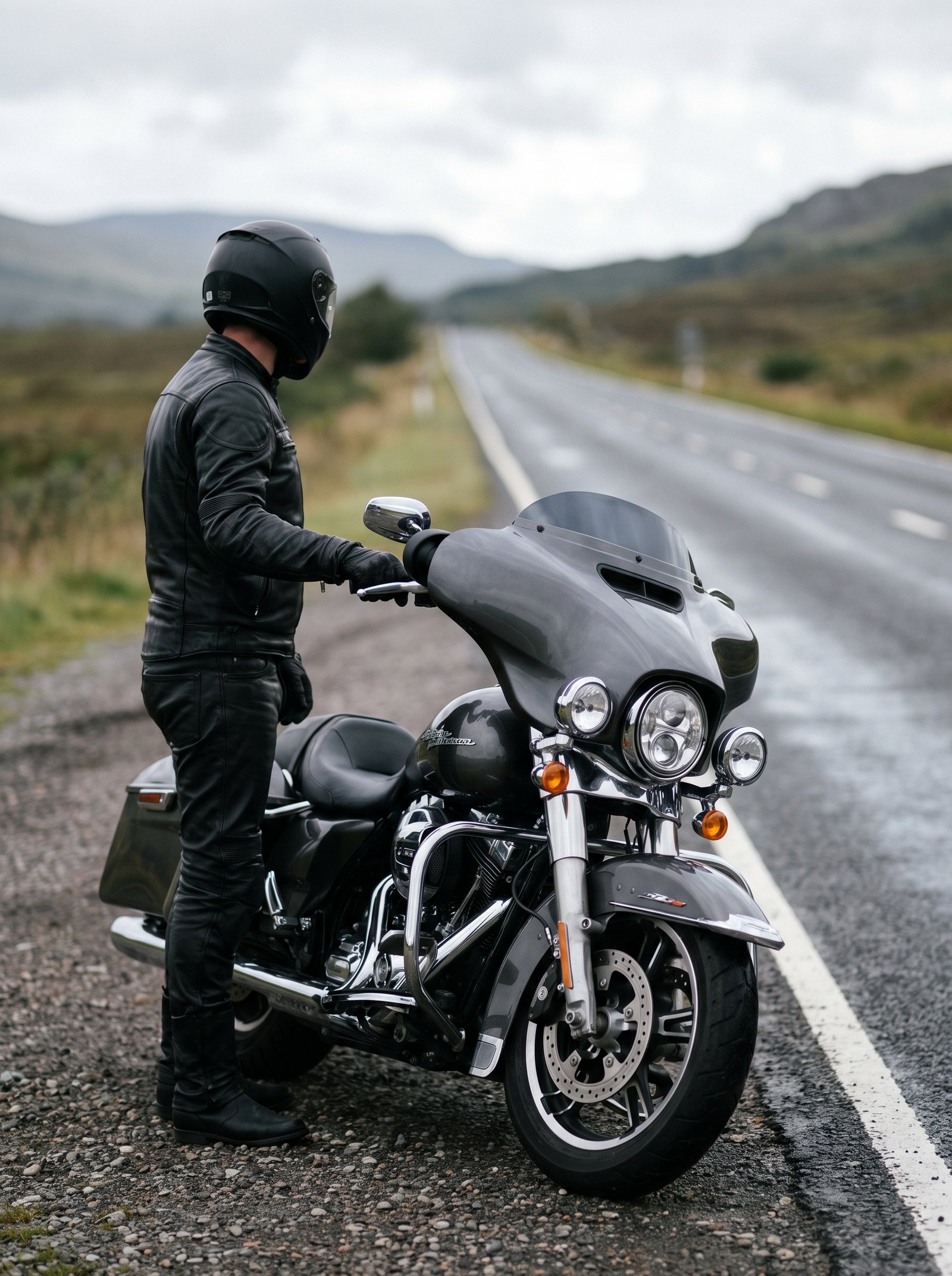 A motorcyclist in leather riding gear standing beside a large touring motorcycle on a mountain road