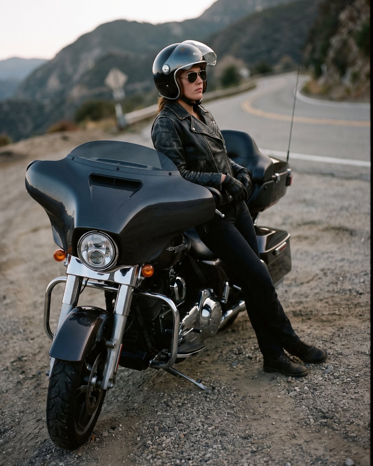 A rider leaning against a large touring motorcycle on an open mountain road