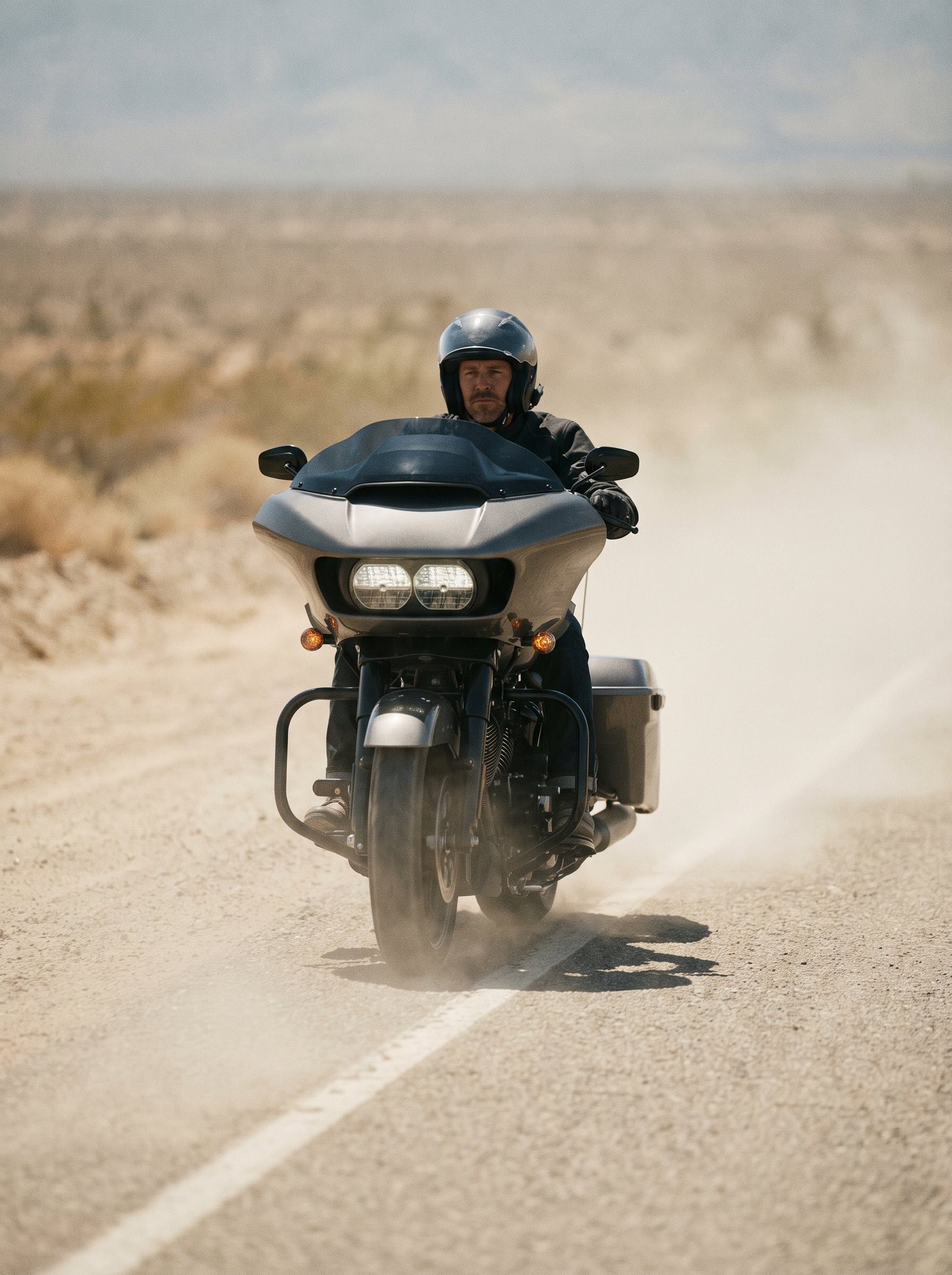 A rider crossing an empty desert highway on a large touring motorcycle at golden hour