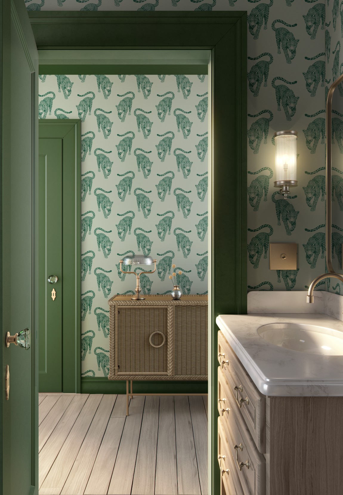 IKU Studio leopard-print wallpaper in a green bathroom