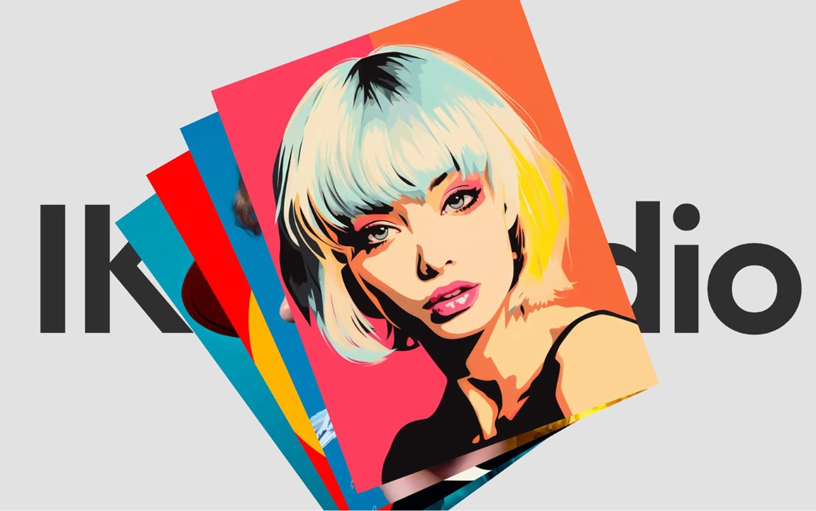 IKU Studio pop-art style portrait illustration, stylised blonde bob on a fanned stack of colorful magazine covers