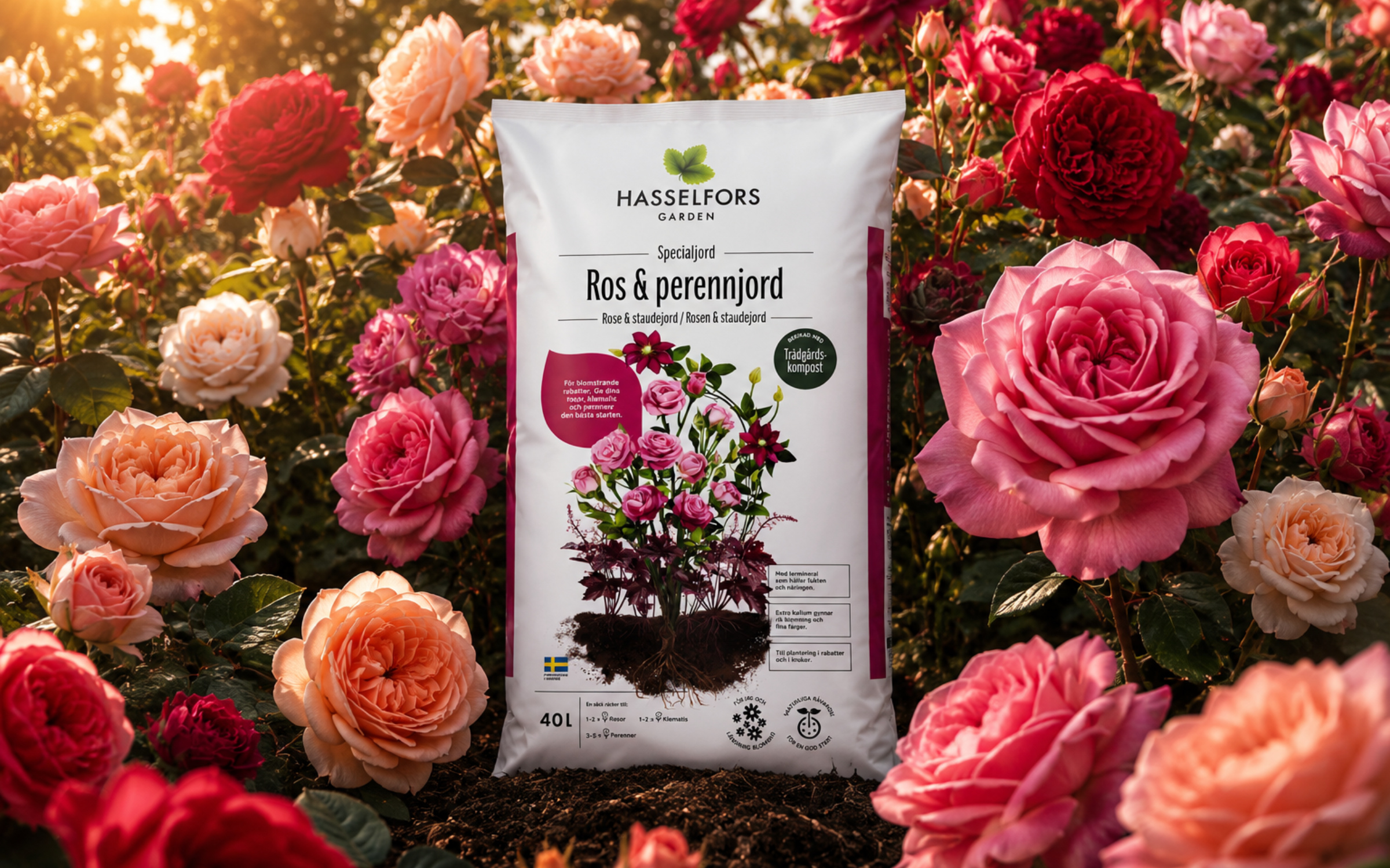 Hasselfors Garden rose soil product staged in a rose garden at golden hour