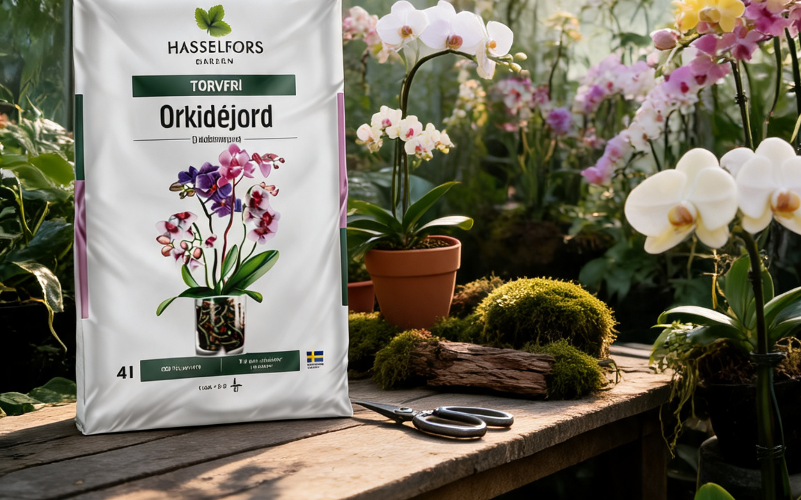 Hasselfors Garden orchid soil product staged in a greenhouse