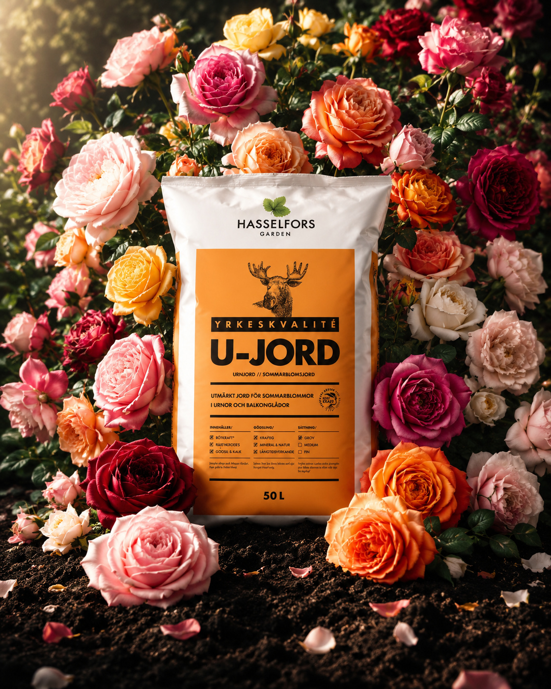 Hasselfors Garden U-Jord soil product staged among roses