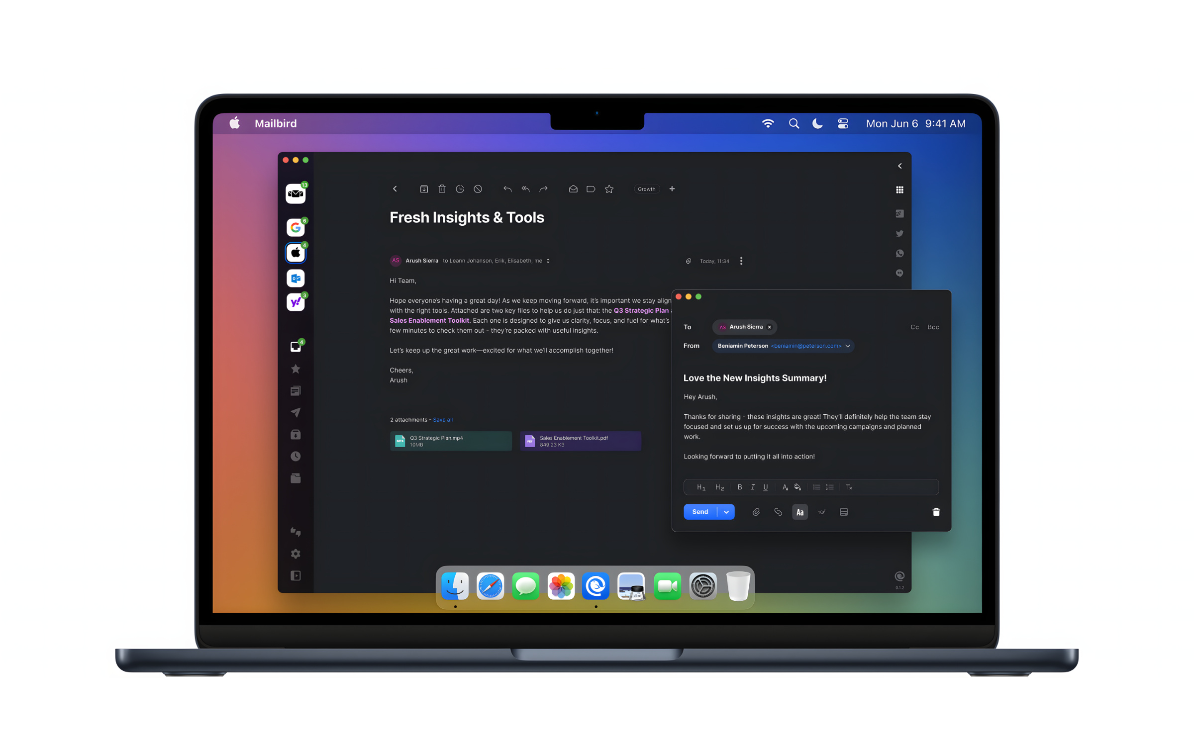 Mailbird for Mac on a MacBook, shown against a colourful desktop background