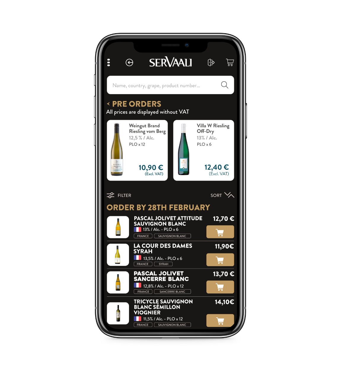 Servaali mobile ordering interface — product detail with pricing and stock