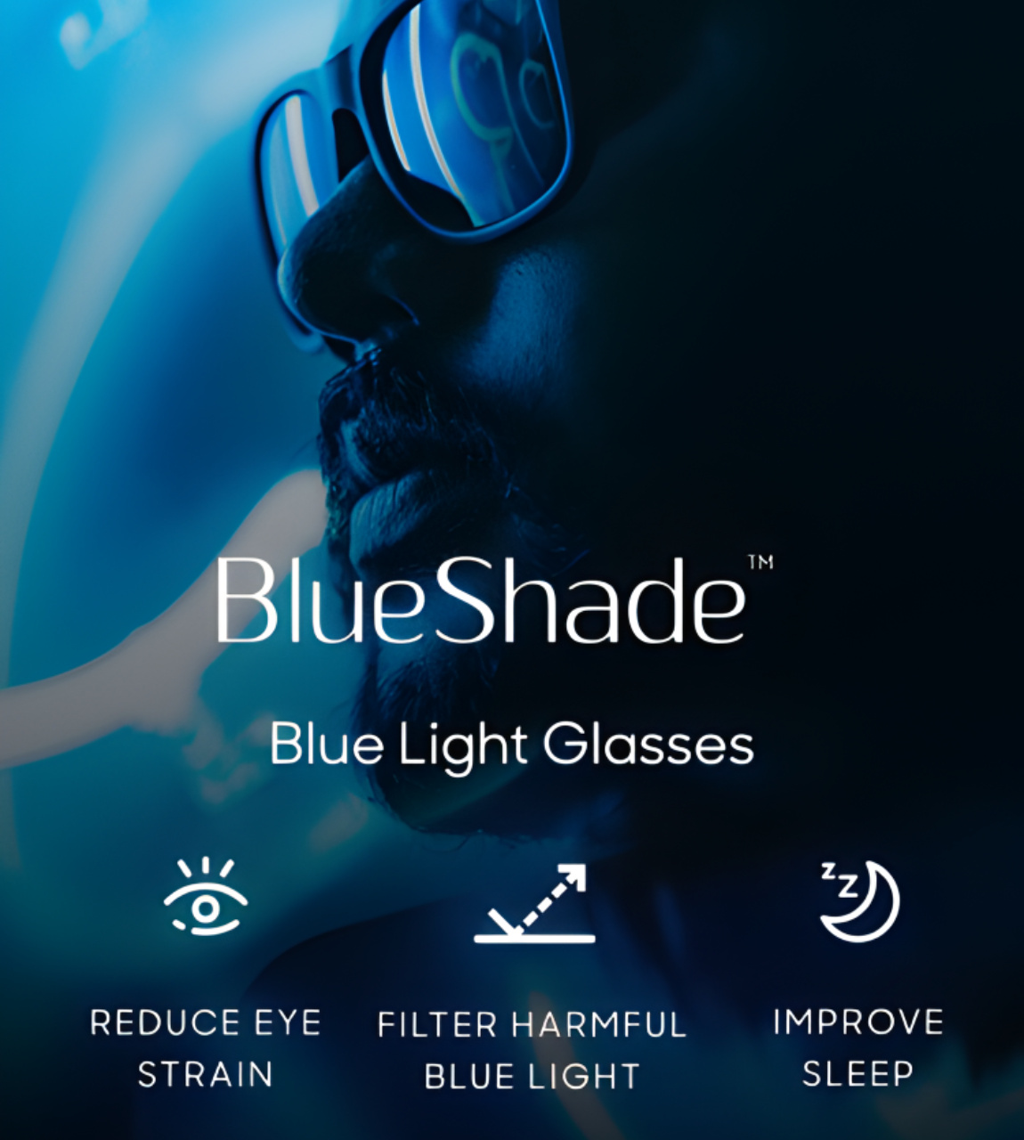 Shady Rays BlueShade sub-brand — blue light glasses campaign banner