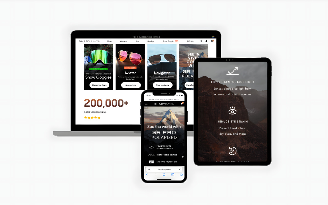 Shady Rays website screen — product grid on desktop
