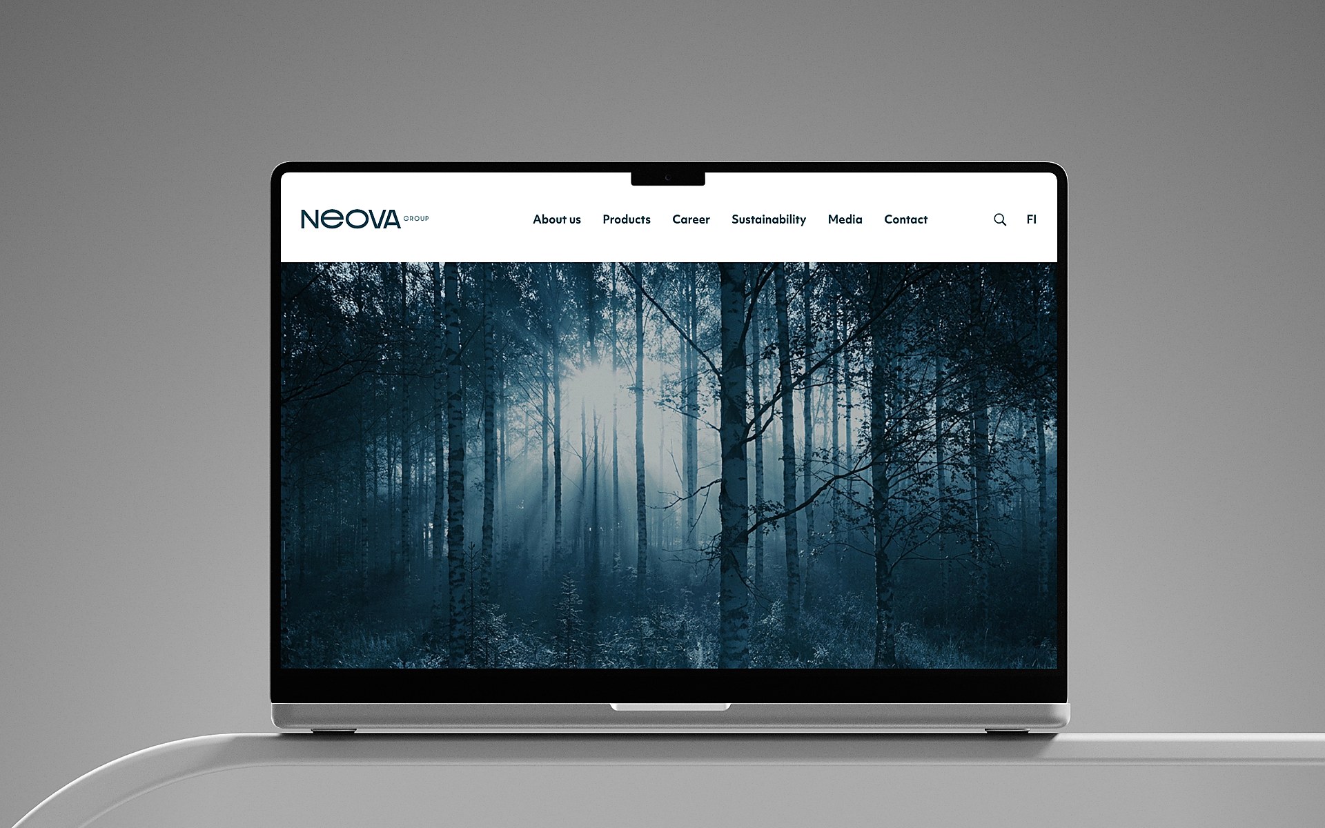 Neova Group website homepage shown on a laptop, forest photography hero